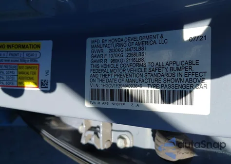 2021 Honda Accord Sport z USA, uszkodzony, nr VIN 1HGCV1F39MA093849